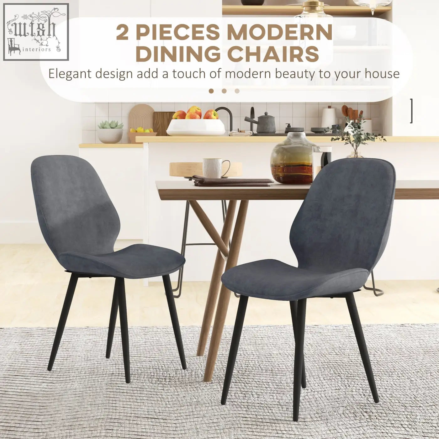 Modern dining chairs with dark gray velvet upholstery and black powder coated steel legs for dining room use