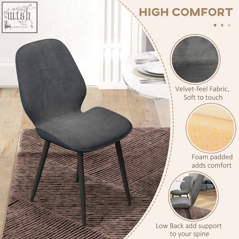 Dark gray velvet dining chairs with sleek powder coated steel legs perfect for dining room or living room use