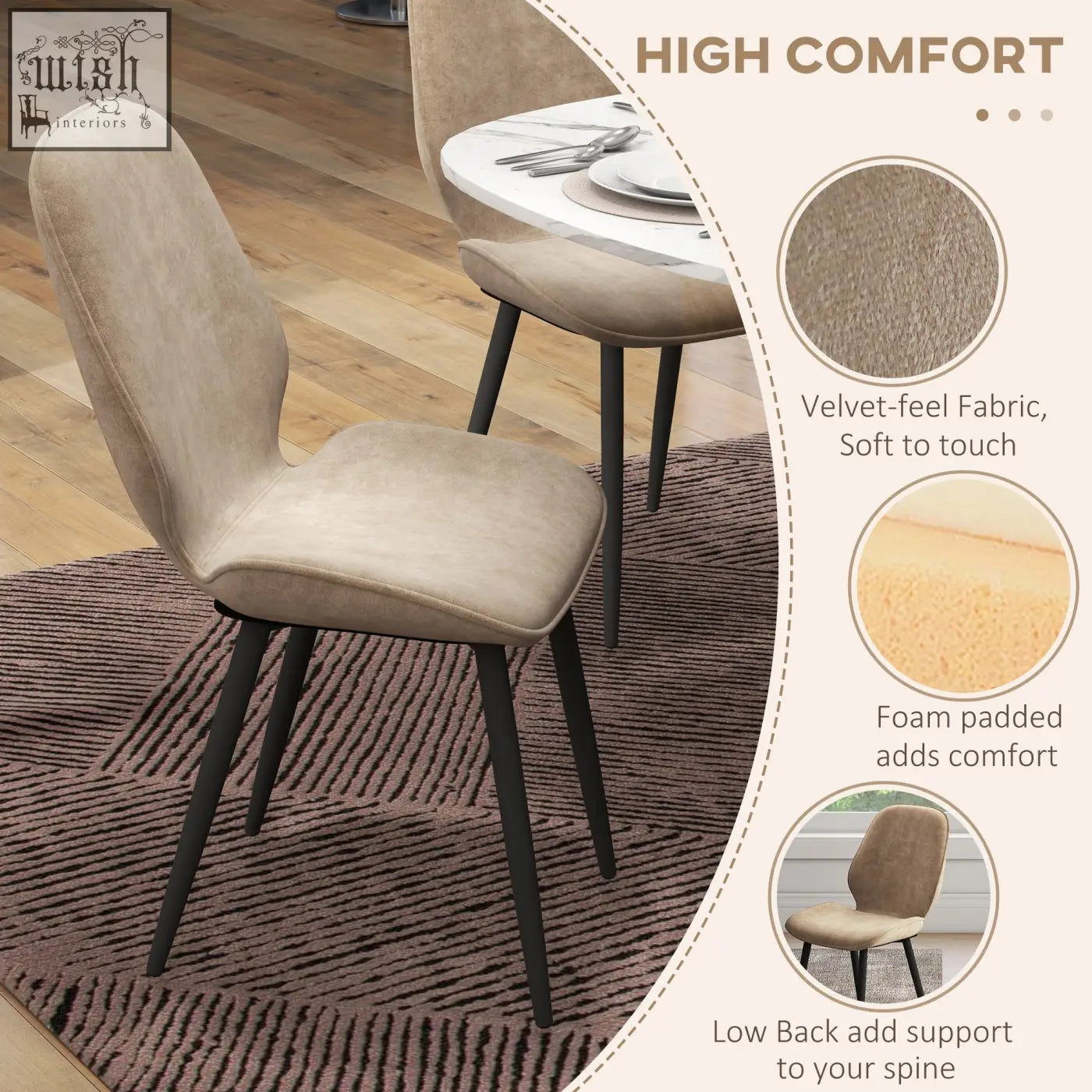 Beige velvet dining chairs with light brown fabric and powder coated steel legs perfect for dining room use