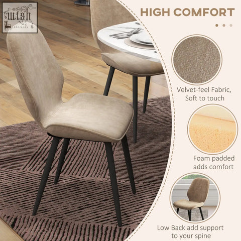 Beige velvet dining chairs with light brown fabric and powder coated steel legs perfect for dining room use