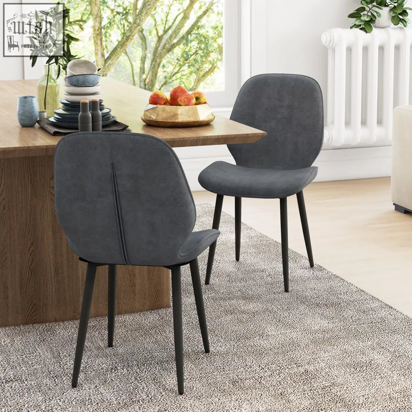 Modern gray upholstered dining chairs with sleek powder coated steel legs perfect for dining room use
