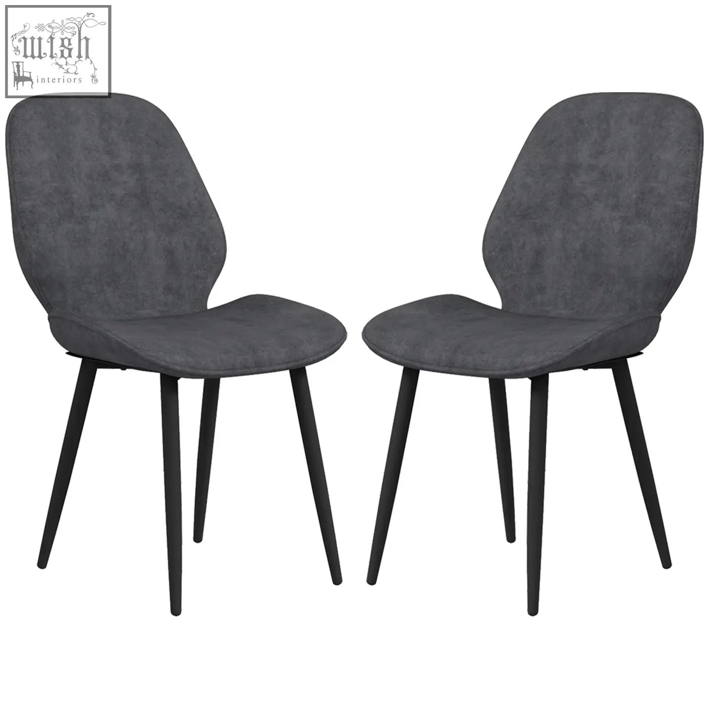 Modern grey upholstered dining chairs with sleek powder coated steel legs perfect for dining room or living room use