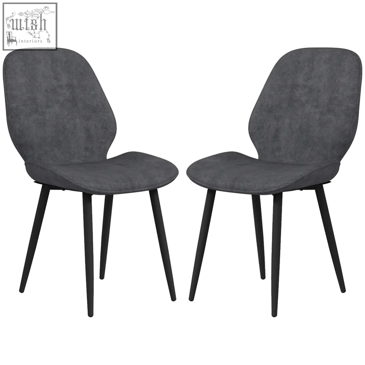 Modern grey upholstered dining chairs with sleek powder coated steel legs perfect for dining room or living room use
