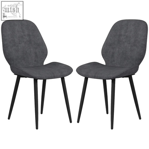 Modern grey upholstered dining chairs with sleek powder coated steel legs perfect for dining room or living room use