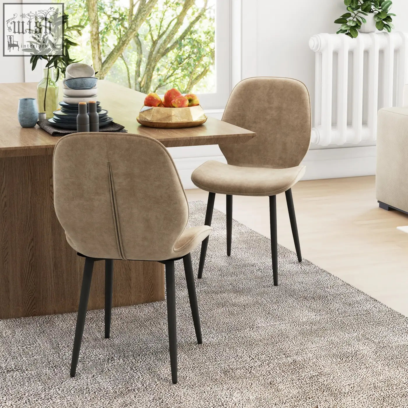 Beige HOMCOM velvet dining chairs with sleek powder coated steel legs perfect for dining room or living room seating