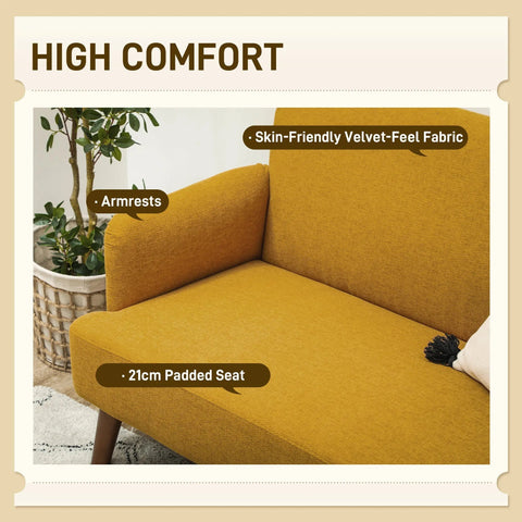Mustard yellow 2 seater sofa with velvet feel fabric 21cm padded seat and solid rubberwood legs by homcom