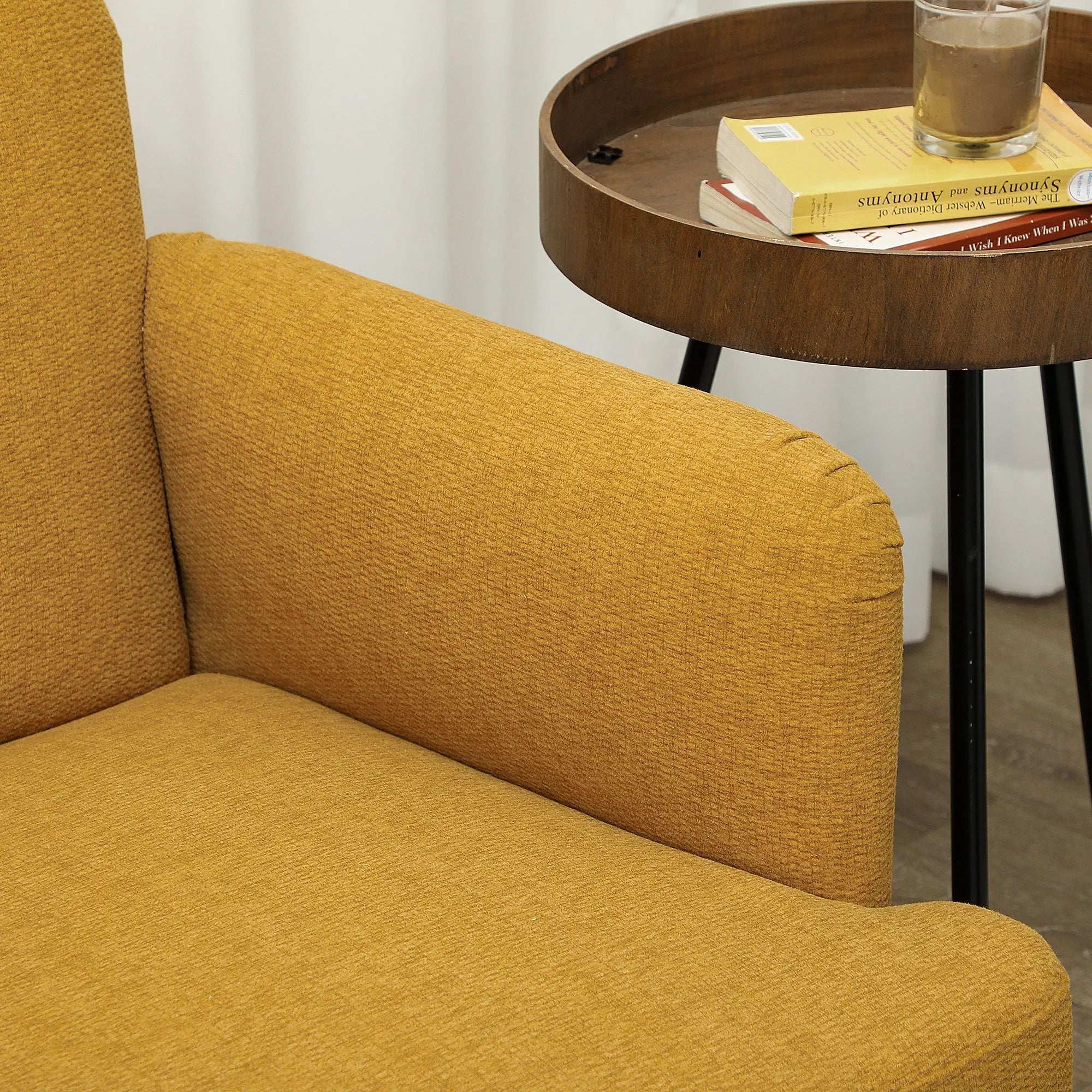 Mustard-yellow velvet feel fabric 2 seater sofa with 21cm padded seat and solid rubberwood legs from homcom