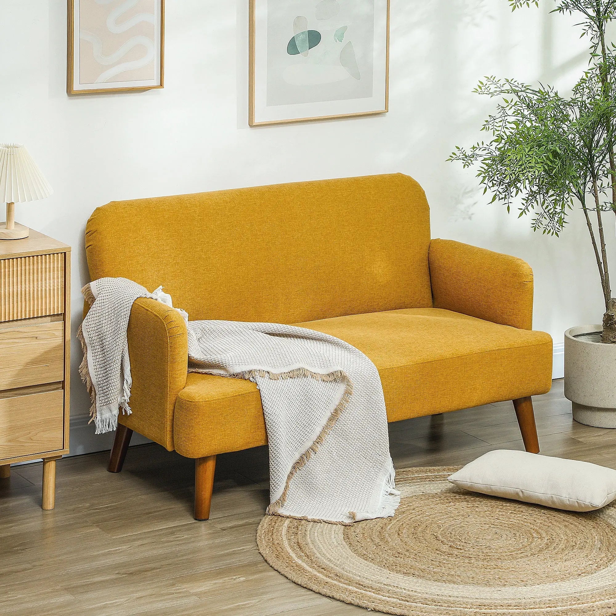 Mustard yellow velvet feel fabric 2 seater sofa with 21cm padded seat and solid rubberwood legs by HOMCOM