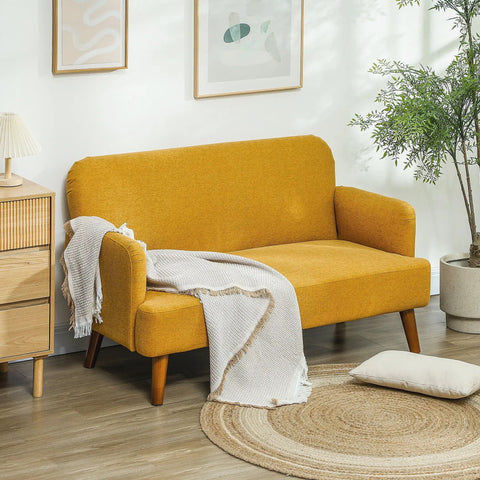 Mustard yellow velvet feel fabric 2 seater sofa with 21cm padded seat and solid rubberwood legs by HOMCOM