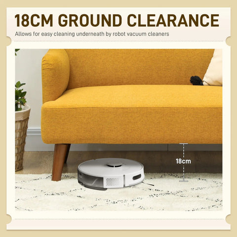 White circular robot vacuum cleaner with 18cm ground clearance near yellow homcom 2 seater sofa with 21cm padded seat and solid rubberwood legs