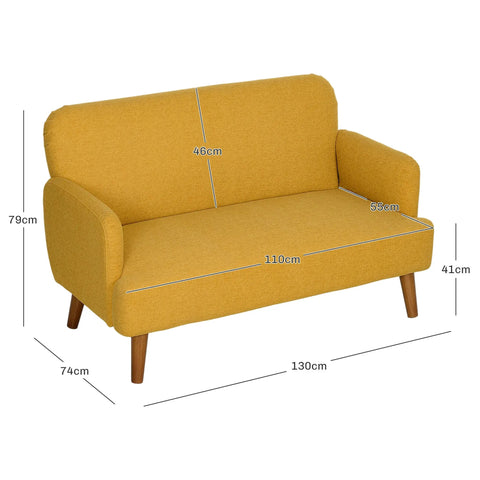 Mustard-yellow velvet feel fabric 2 seater sofa with 21cm padded seat and solid rubberwood legs by homcom