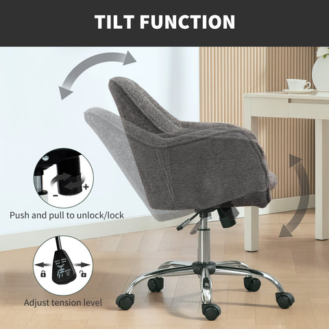 Gray velvet-feel office chair with chrome base and casters featuring a 360° swivel seat for easy movement