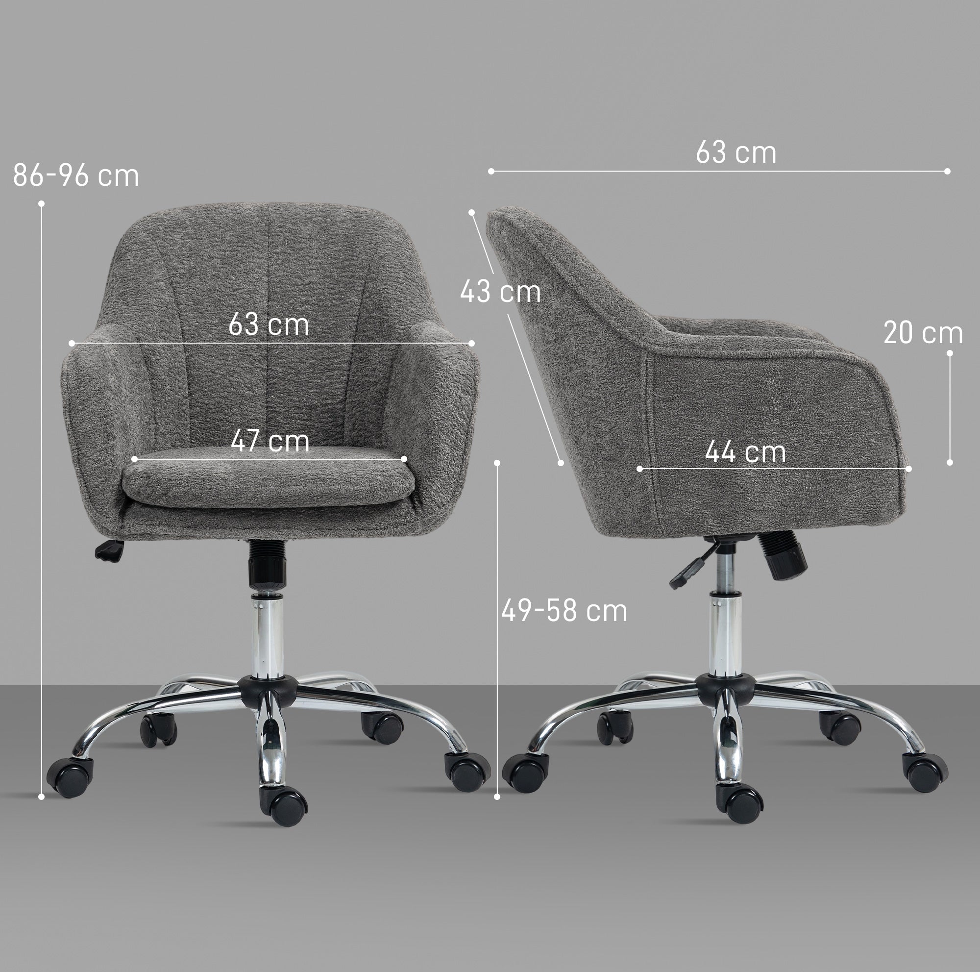 Gray textured fabric homcom velvet-feel office chair with chrome base black casters and 360° swivel seat