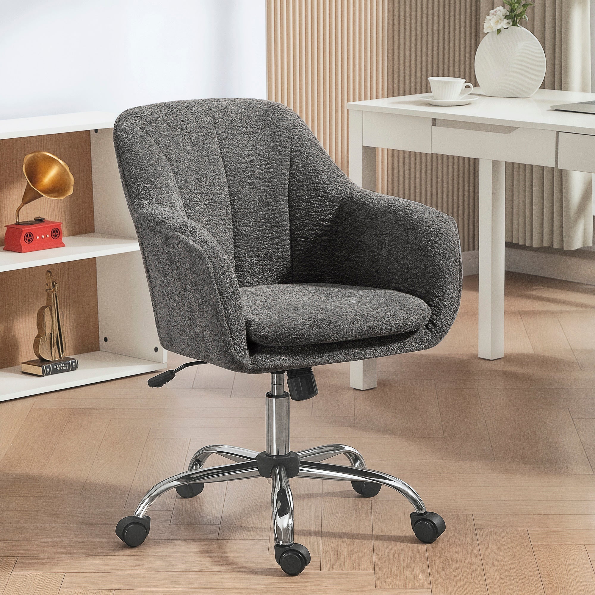 Grey velvet-feel office chair by HOMCOM with gray textured fabric, chrome base, black casters, and 360° swivel seat