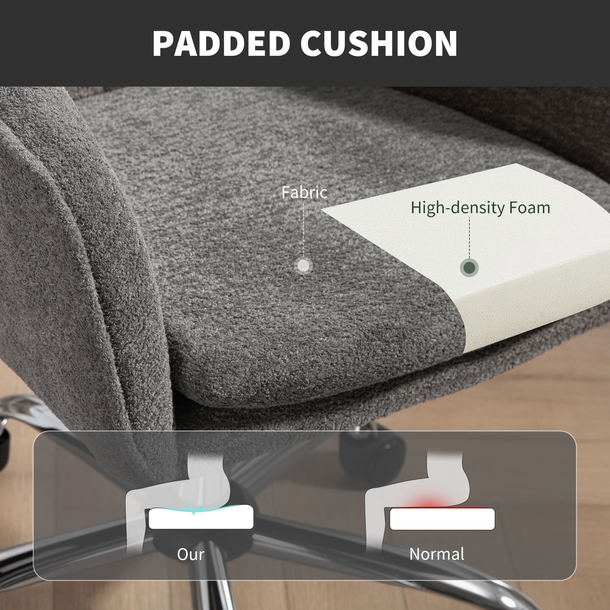 Grey homcom velvet-feel office chair with gray upholstered padded cushion and high-density foam swivel seat