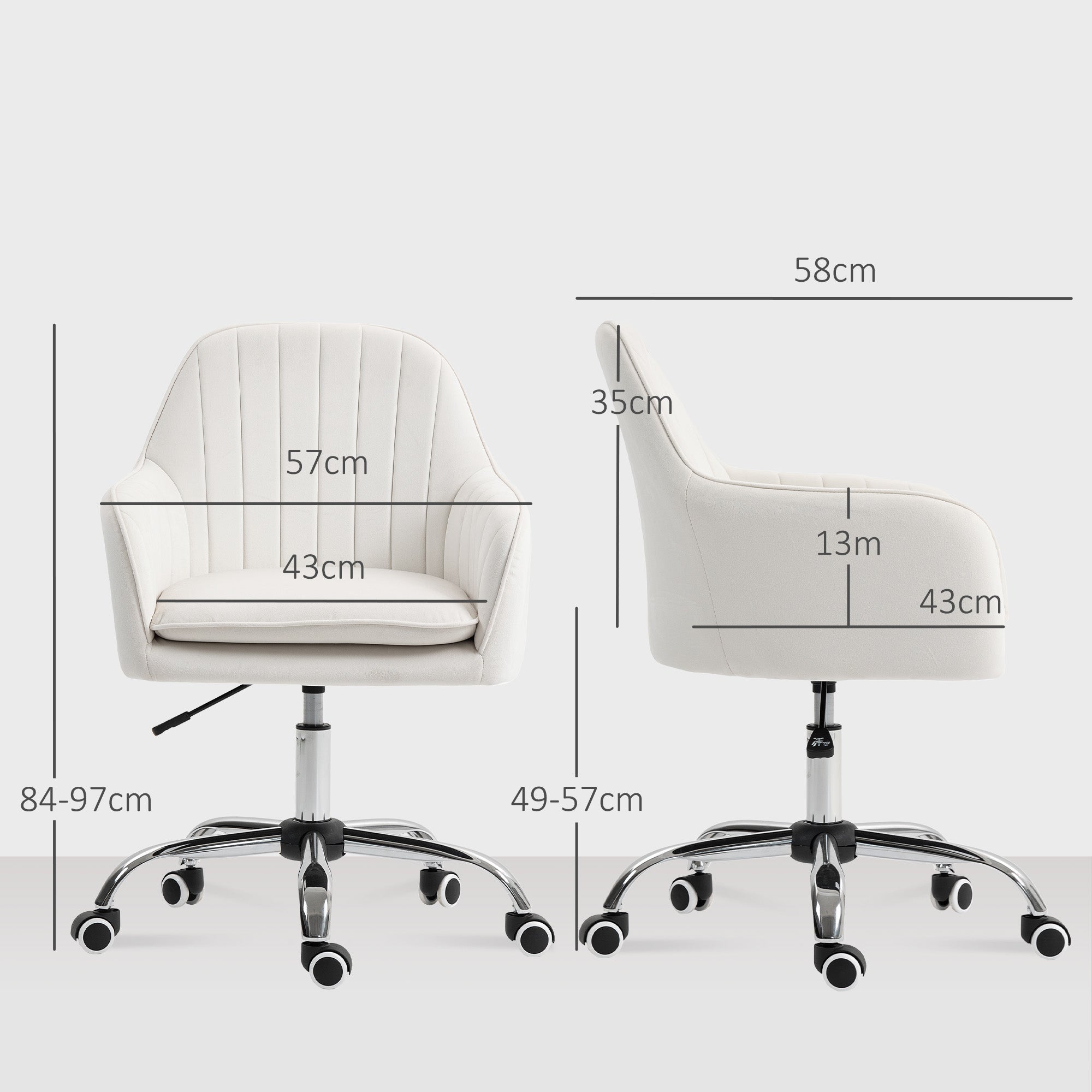 Cream white homcom office chair with velvet-feel upholstery seat cushion chrome base and wheels for easy movement