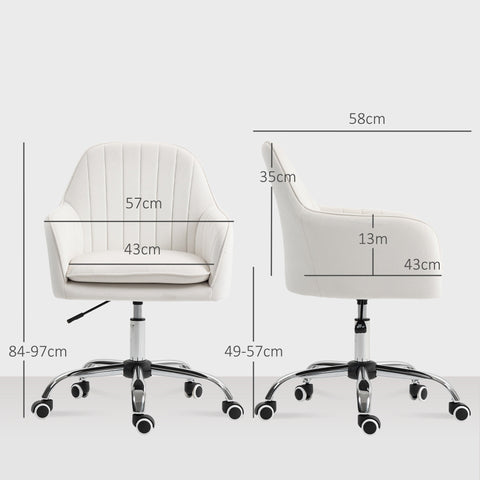 Cream white homcom office chair with velvet-feel upholstery seat cushion chrome base and wheels for easy movement