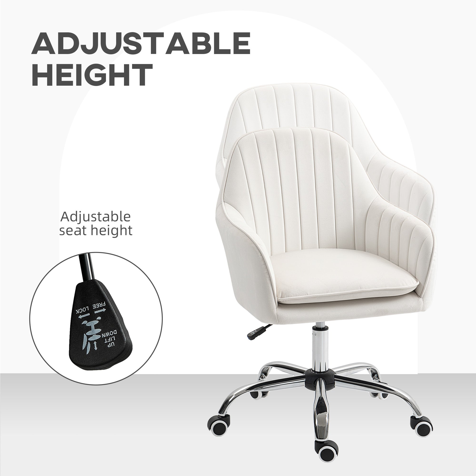 Cream white homcom office chair with velvet-feel upholstery, vertical pleats, seat cushion, adjustable height, and wheels