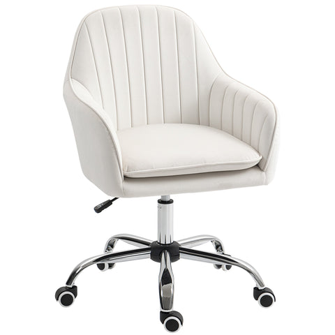Cream-colored homcom office chair with velvet-feel upholstery, vertical pleats, seat cushion, chrome base, and wheels