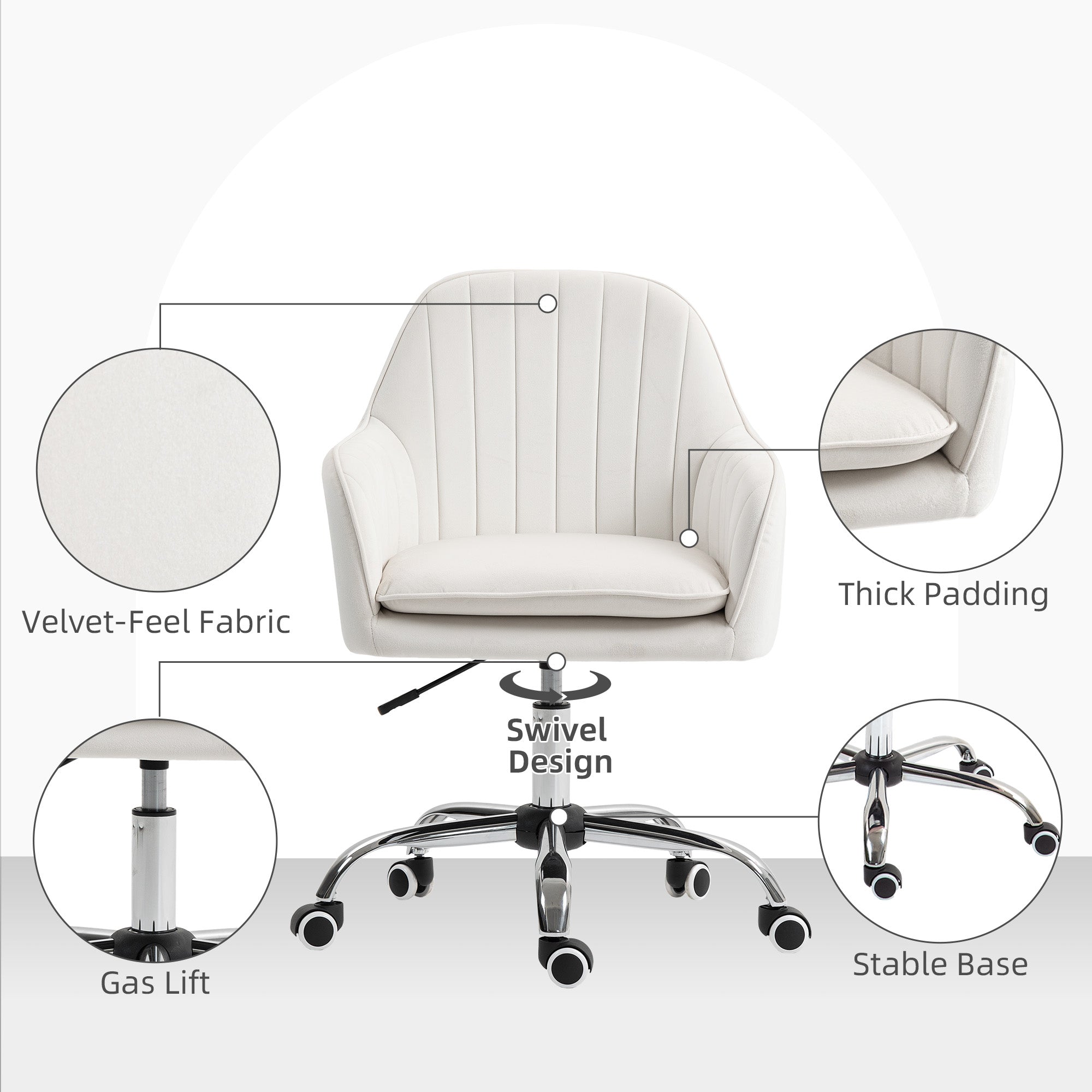 Cream white homcom office chair with velvet-feel upholstery, seat cushion, chrome swivel base, and wheels for home office