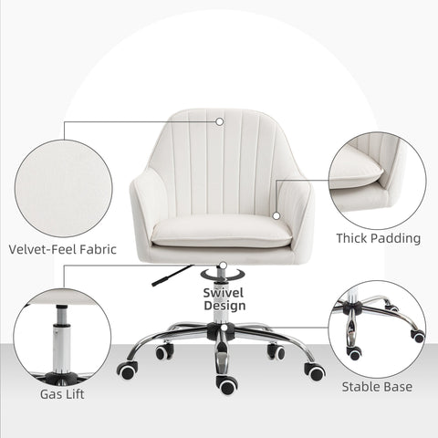 Cream white homcom office chair with velvet-feel upholstery, seat cushion, chrome swivel base, and wheels for home office