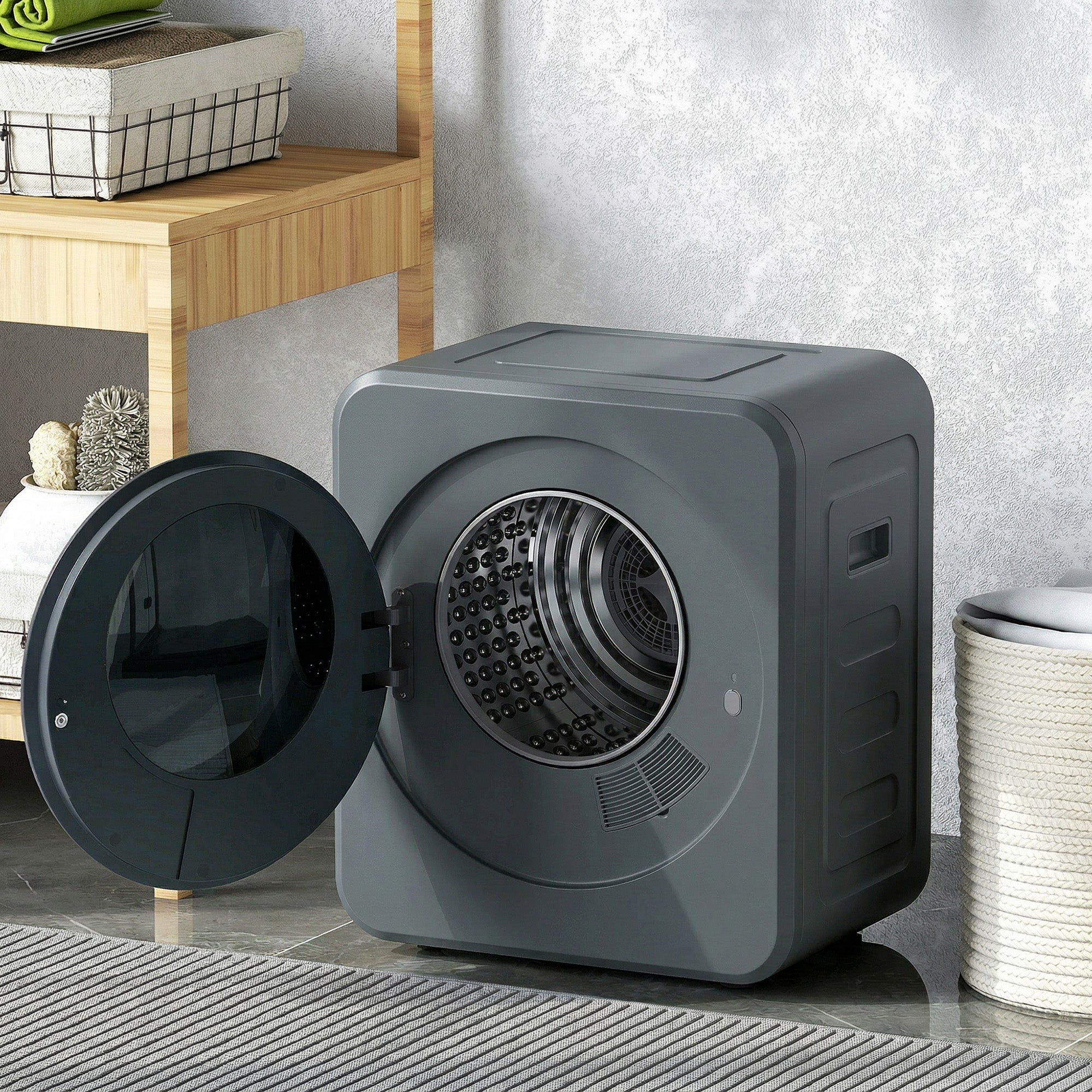 Gray homcom vented tumble dryer with stainless steel drum and black door offering flexible installation options