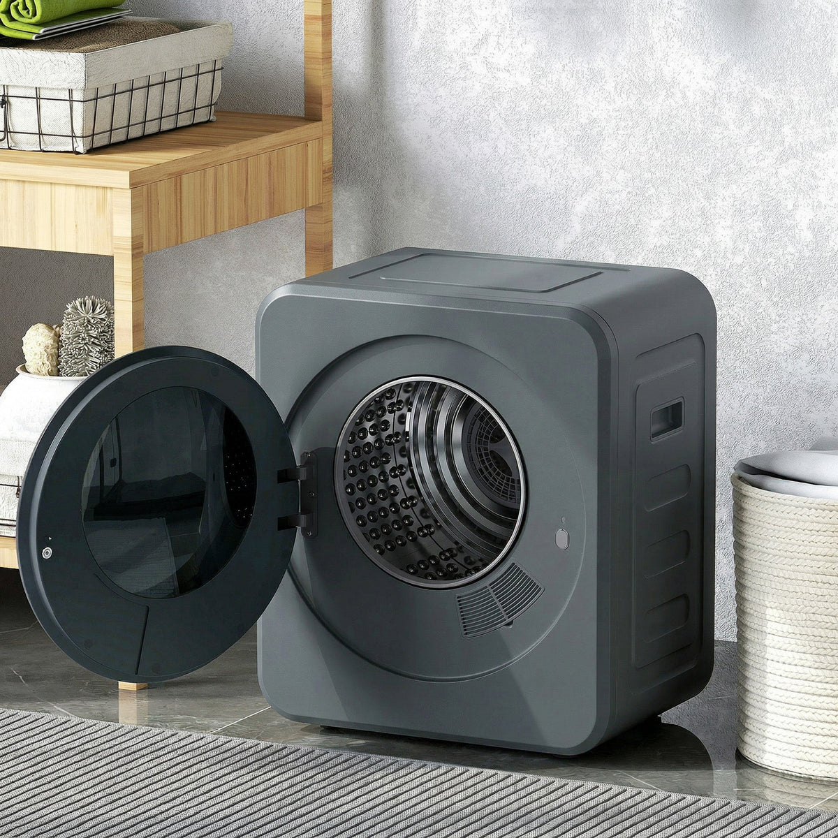 Gray homcom vented tumble dryer with stainless steel drum and black door offering flexible installation options