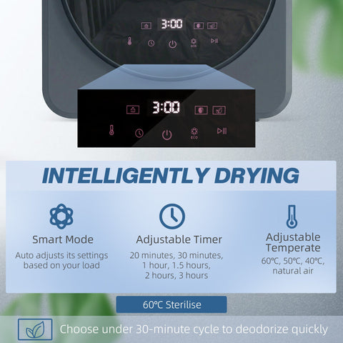 Black digital control panel on homcom 4kg tumble dryer with stainless steel tub showing smart drying settings