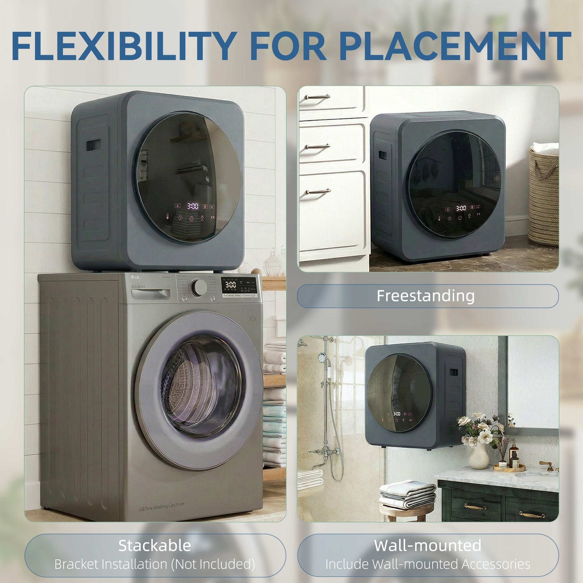 Gray HOMCOM vented tumble dryer with stainless steel tub, digital display, and flexible installation options