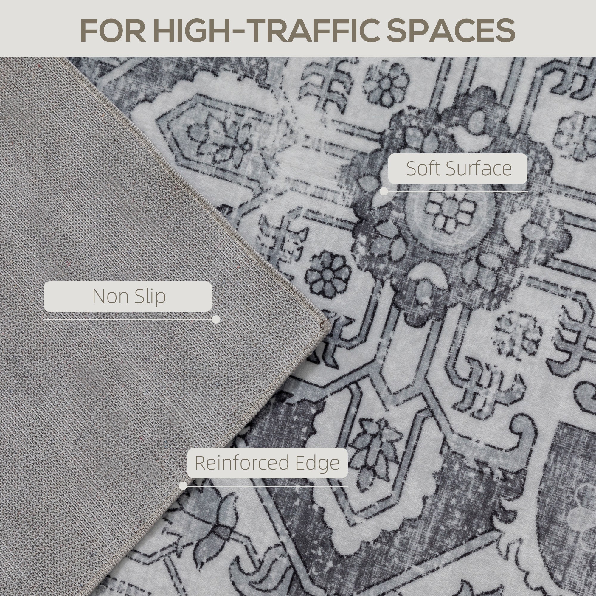 Gray and white vintage-inspired floral area rug with soft flannel surface non-slip backing and reinforced edges