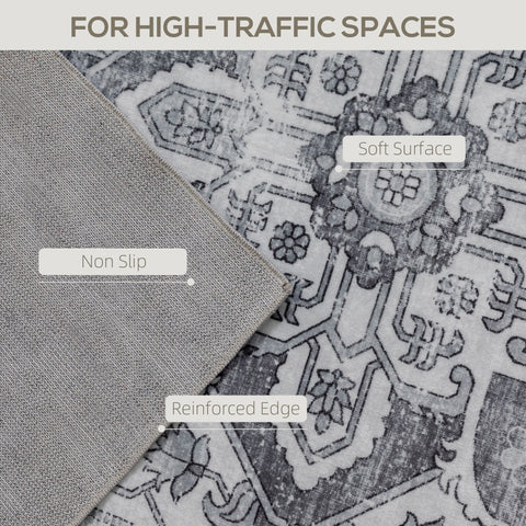 Gray and white vintage-inspired floral area rug with soft flannel surface non-slip backing and reinforced edges