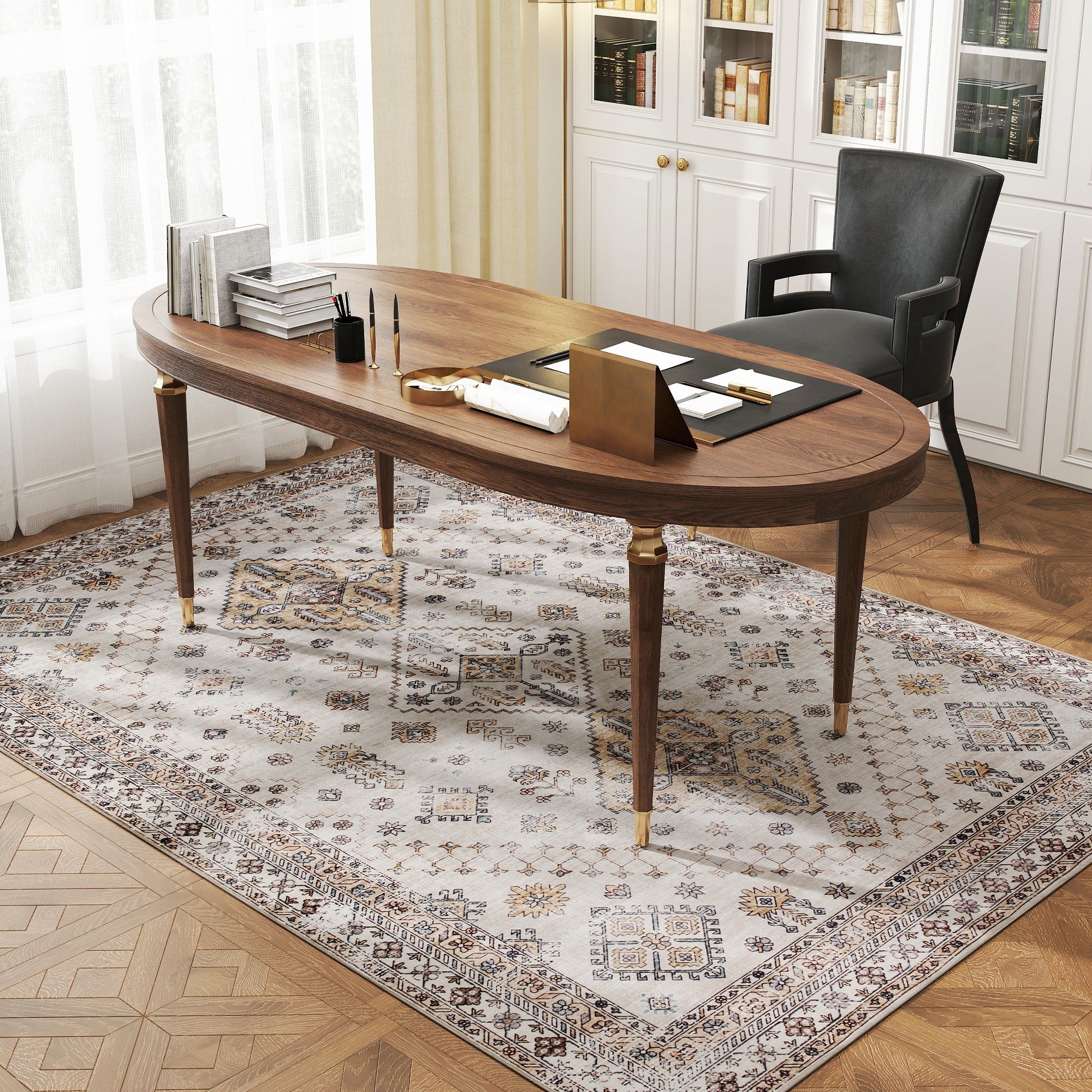 Elegant oval wooden desk with brass legs on a beige homcom area rug offering plush comfort underfoot in living room