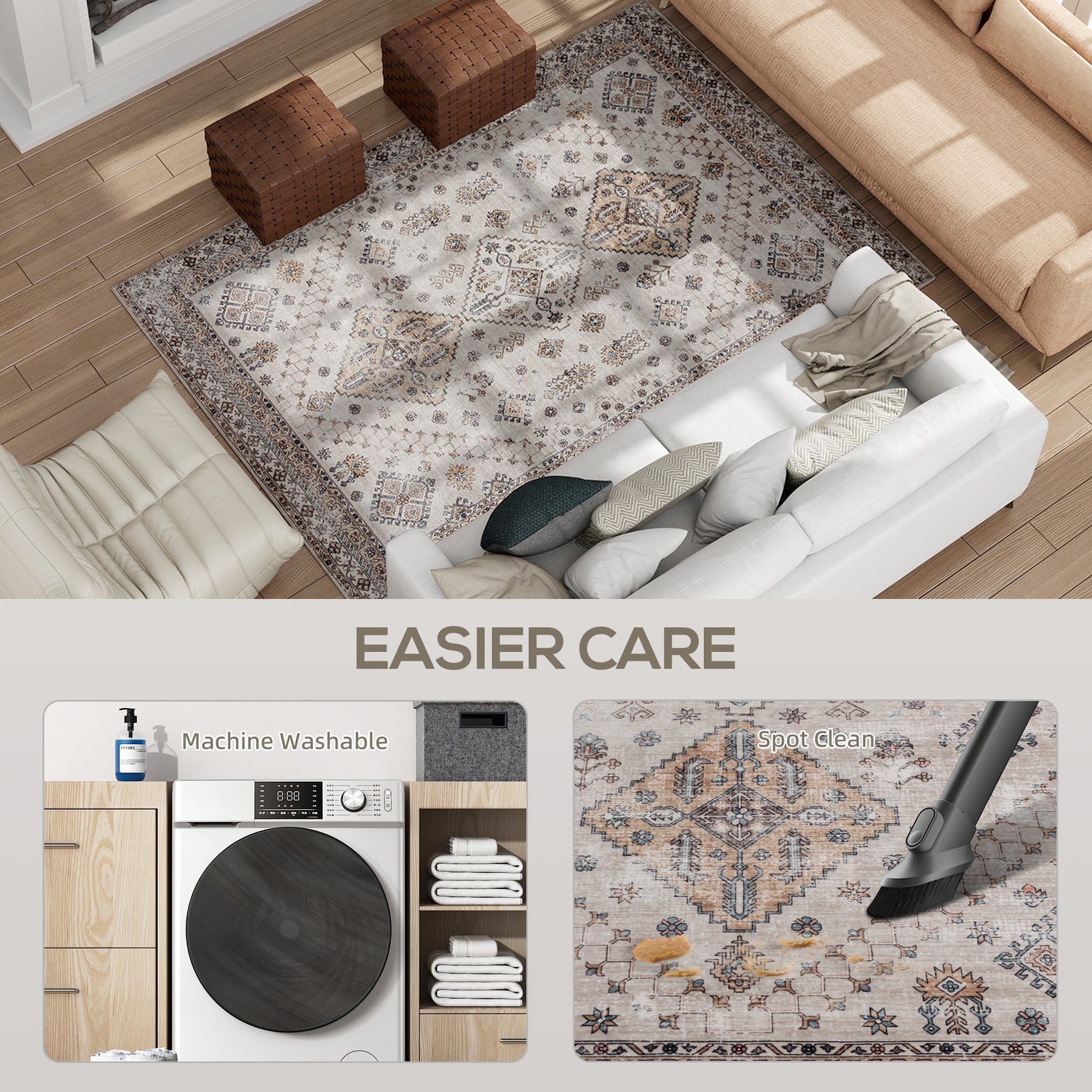 Beige and brown patterned homcom vintage area rug with plush comfort underfoot for living room and bedroom use