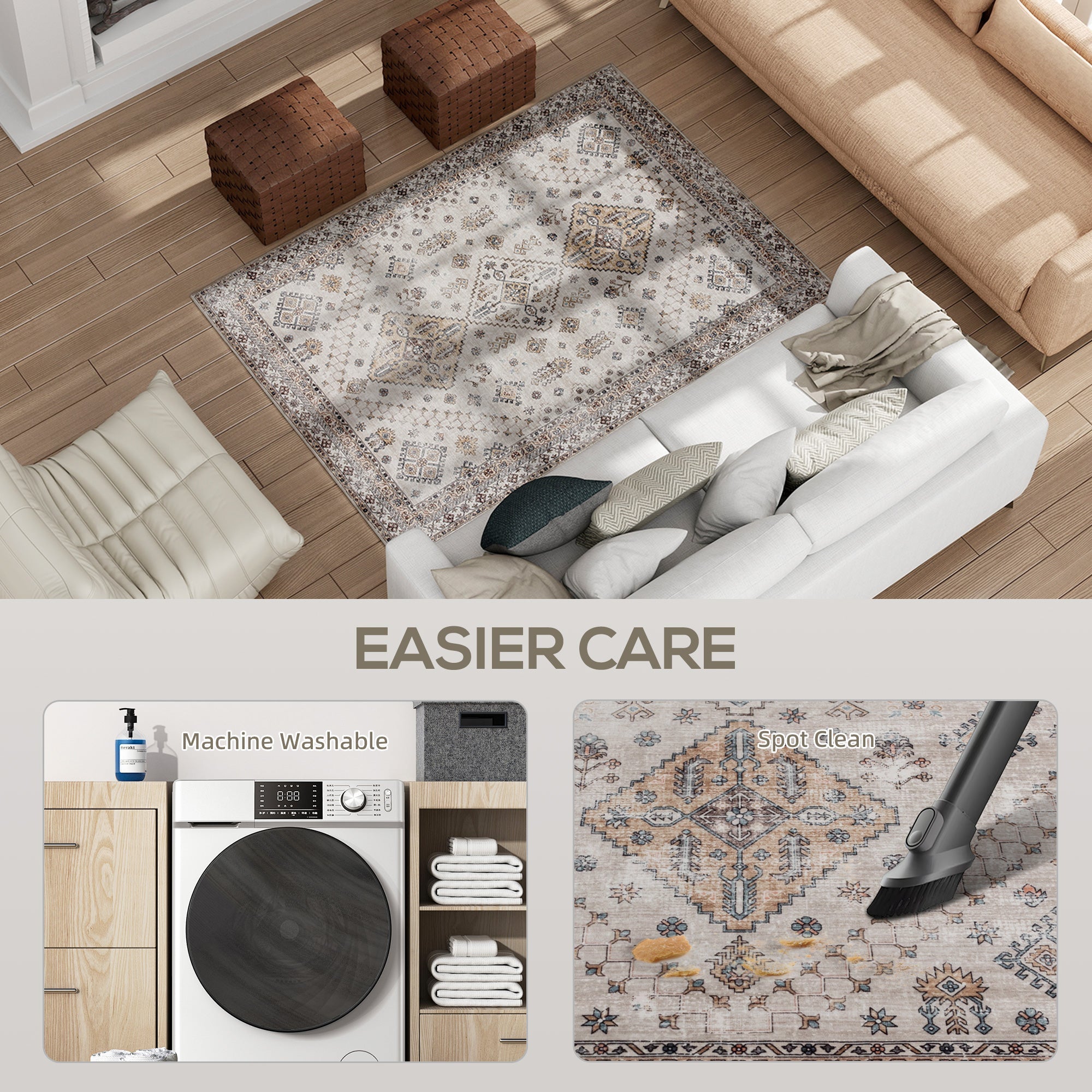 Beige and gray patterned homcom area rug with plush comfort underfoot, non-slip and easy to machine wash for living room use