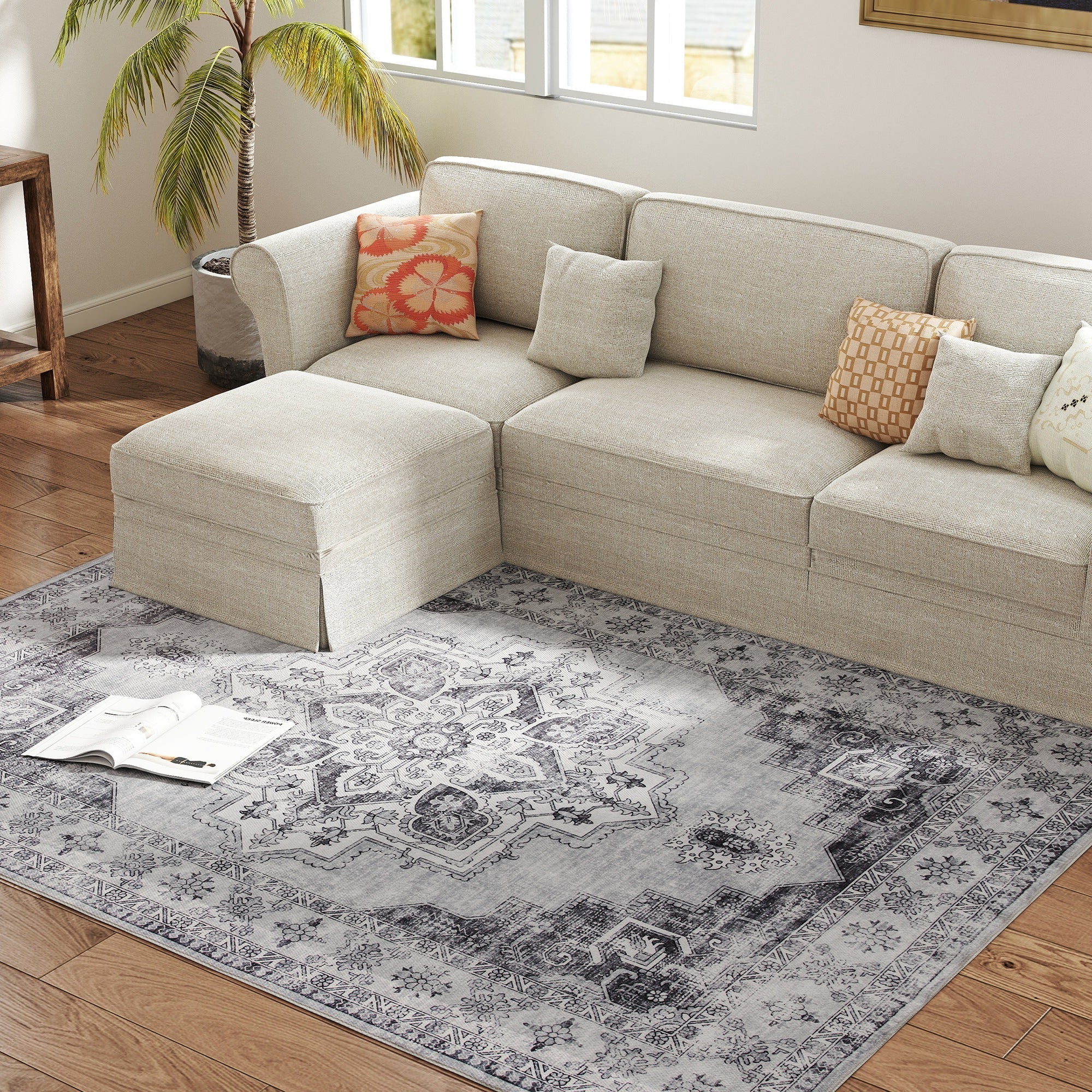 Grey and black patterned homcom vintage-inspired floral area rug with non-slip washable flannel for living room use