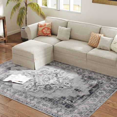 Grey and black patterned homcom vintage-inspired floral area rug with non-slip washable flannel for living room use