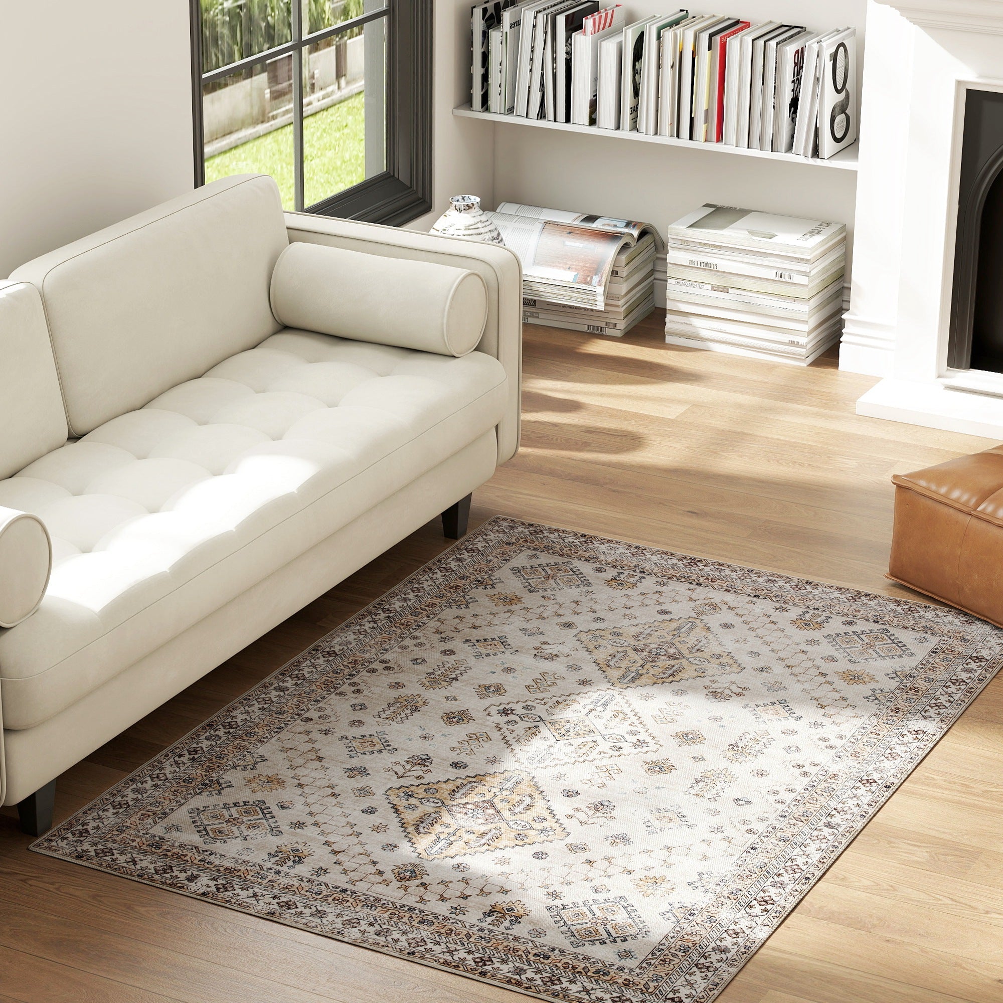 Beige and brown patterned homcom area rug with intricate geometric designs offers plush comfort underfoot for living room use