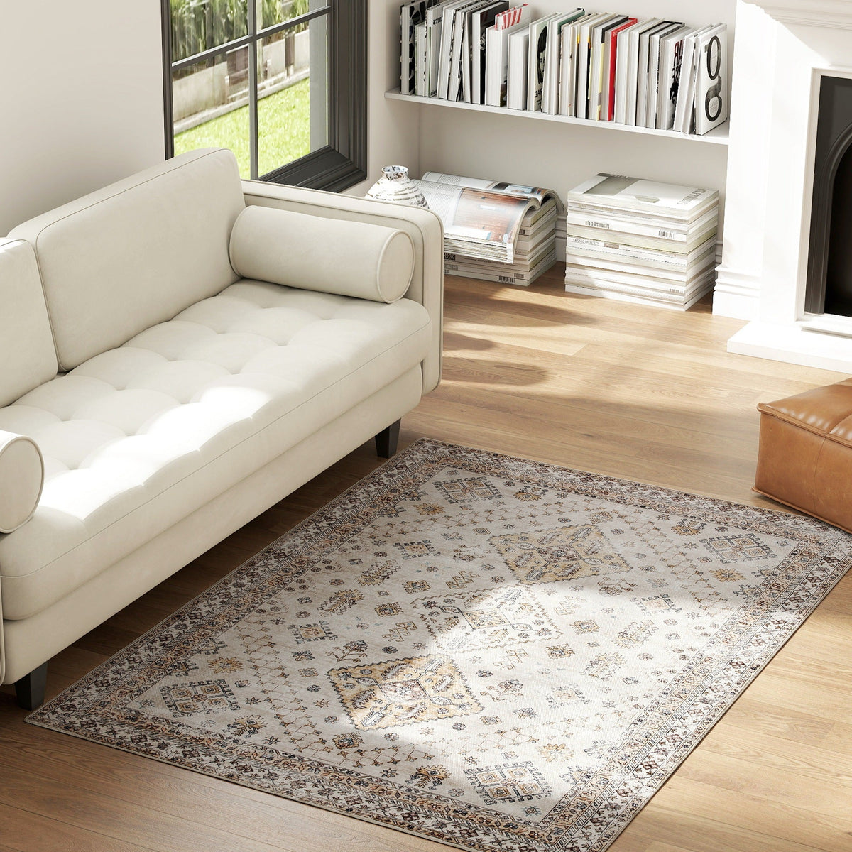 Beige and brown patterned homcom area rug with intricate geometric designs offers plush comfort underfoot for living room use