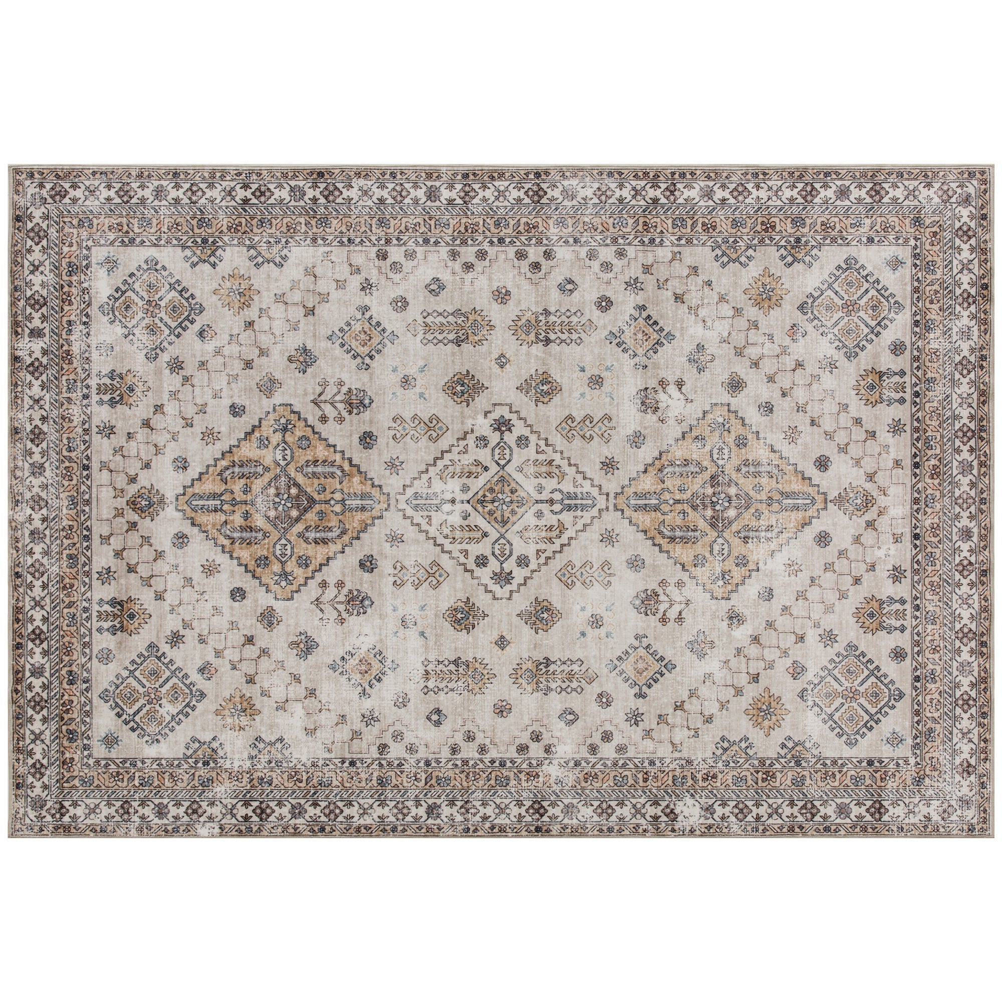 Vintage homcom area rug with plush comfort underfoot in beige featuring faded geometric diamond medallions for living room