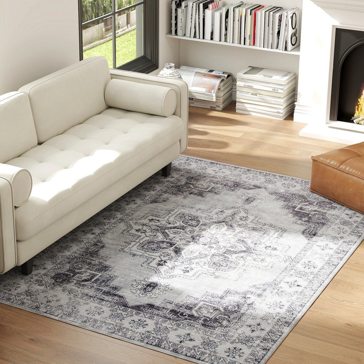 Gray and white homcom vintage-inspired floral area rug with intricate patterns non-slip washable flannel carpet