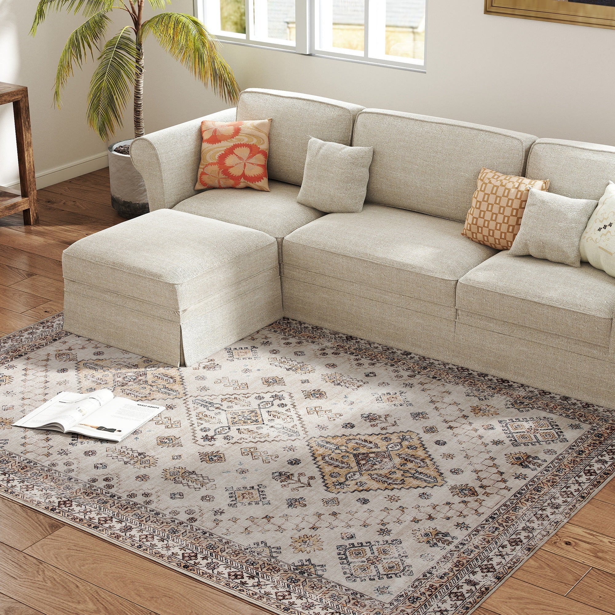 Beige sectional sofa with textured fabric and matching ottoman on homcom vintage area rug for plush comfort underfoot in living room
