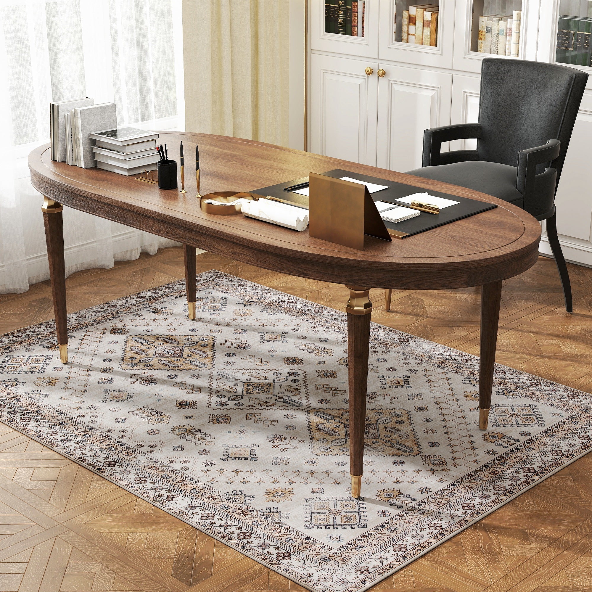 Elegant oval wooden desk with dark brown finish on plush beige area rug offering plush comfort underfoot in living room