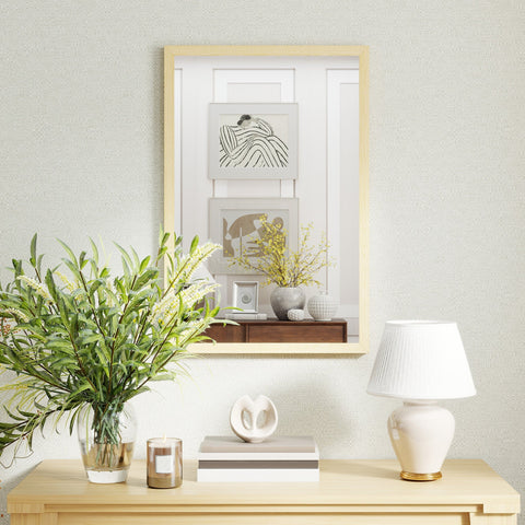 Homcom wall bathroom mirror with natural wood finish rectangle shape reflecting living room decor on wooden console table