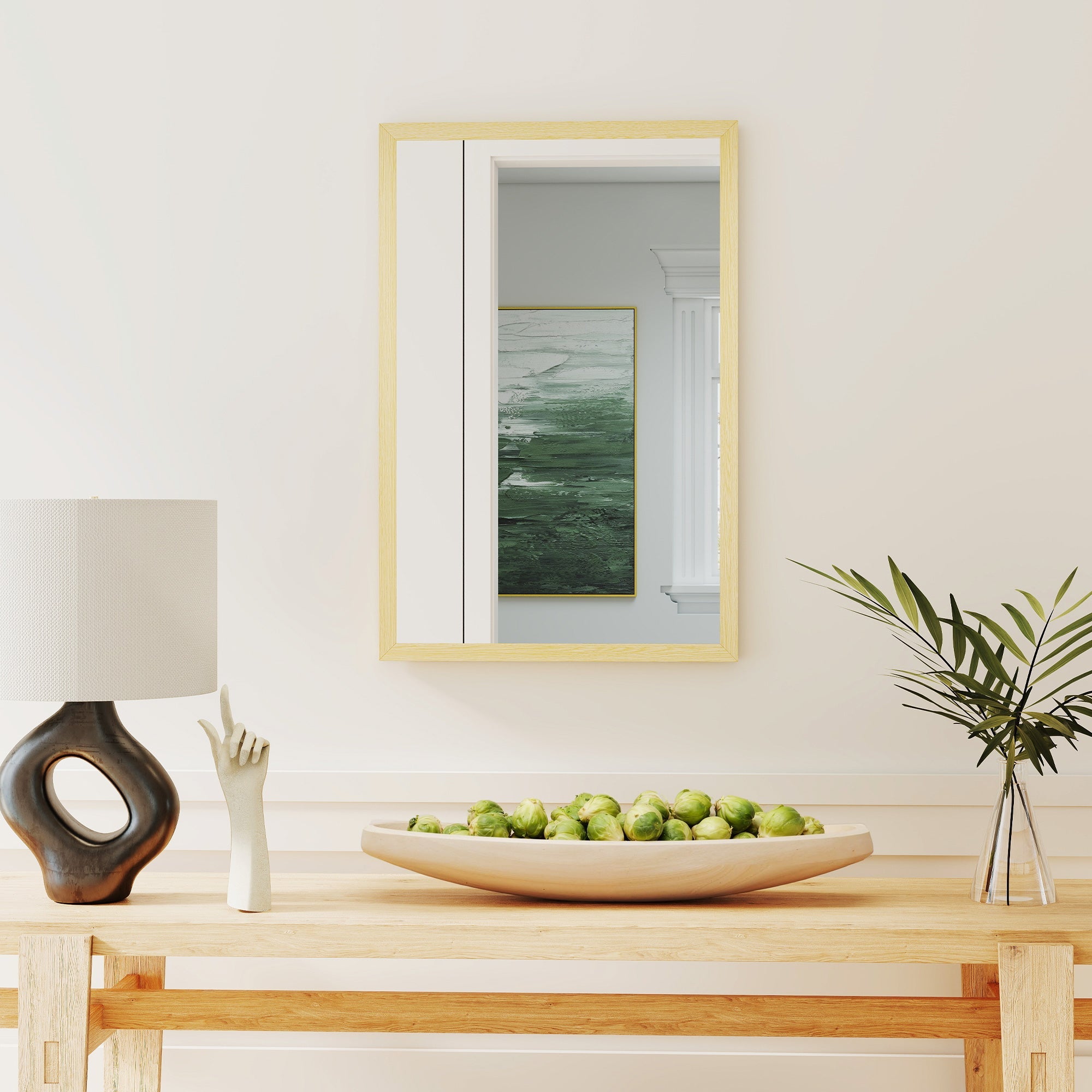 Rectangle shape HOMCOM wall bathroom mirror with natural wood finish reflecting abstract green painting in living room
