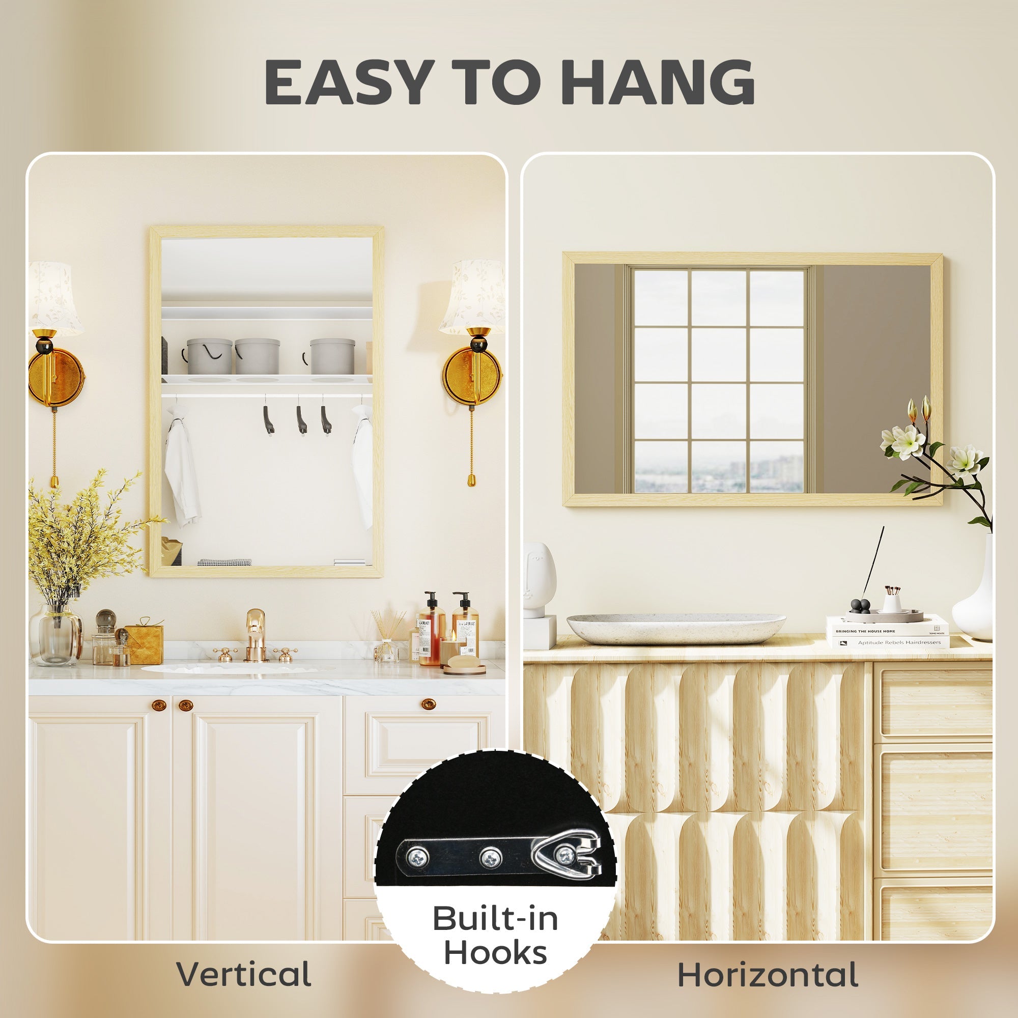 Beige-framed rectangle shape wall mirror with built-in hooks in natural wood finish for living room or bedroom