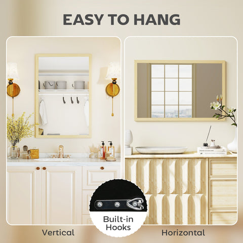 Beige-framed rectangle shape wall mirror with built-in hooks in natural wood finish for living room or bedroom
