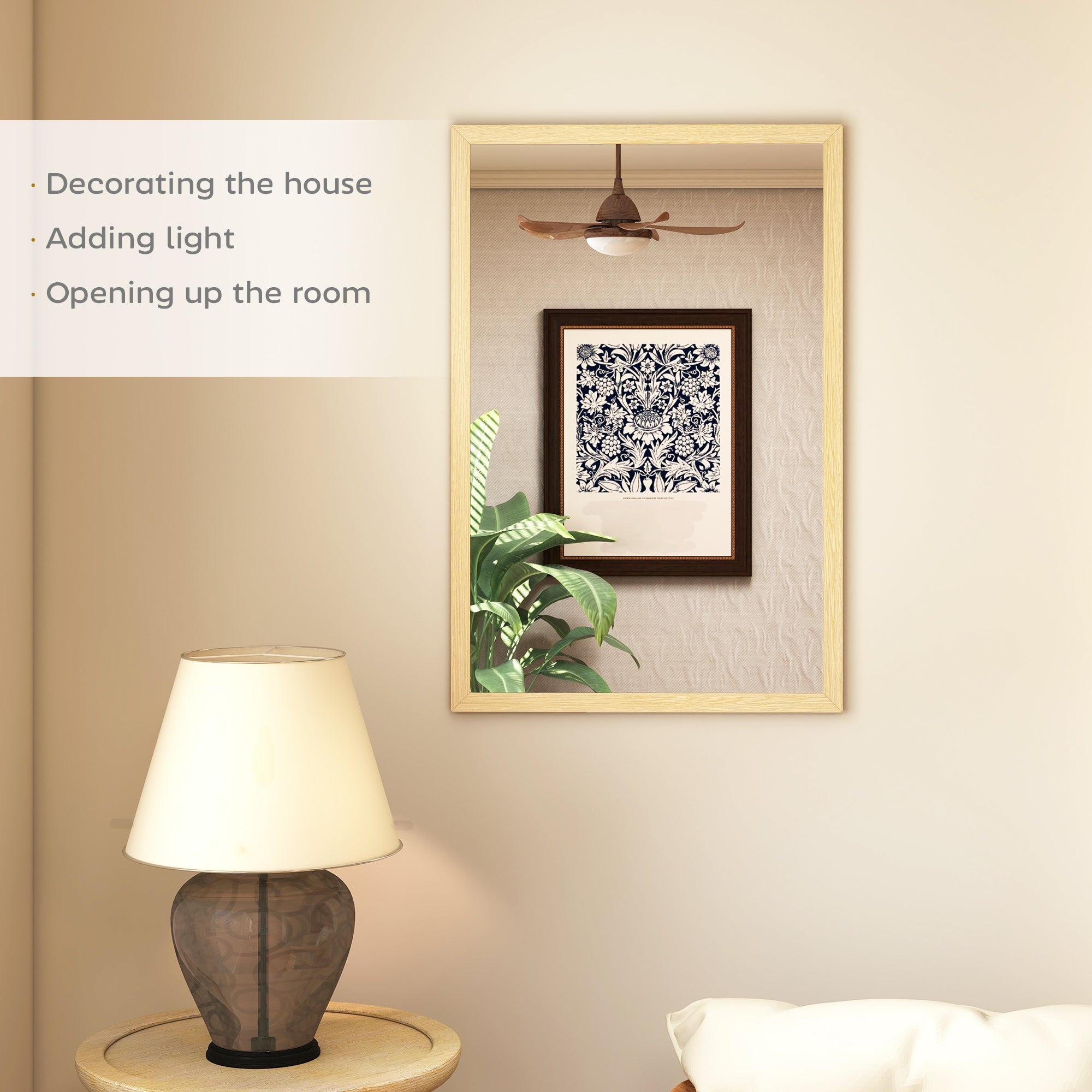 Homcom wall bathroom mirror with natural wood finish rectangle shape reflecting ceiling fan and wall art in living room