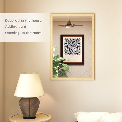 Homcom wall bathroom mirror with natural wood finish rectangle shape reflecting ceiling fan and wall art in living room