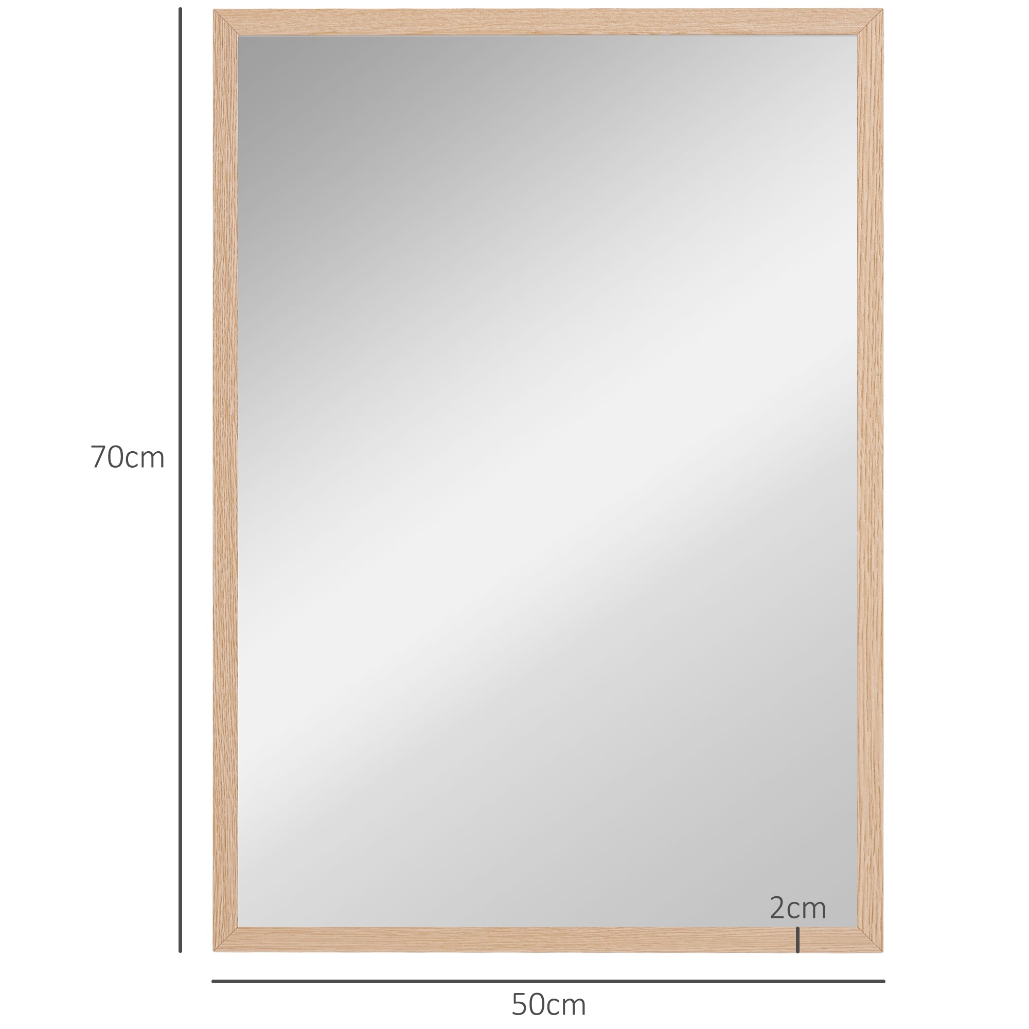 Rectangular wall mirror with natural wood light oak frame 70x50 cm perfect for living room or bedroom