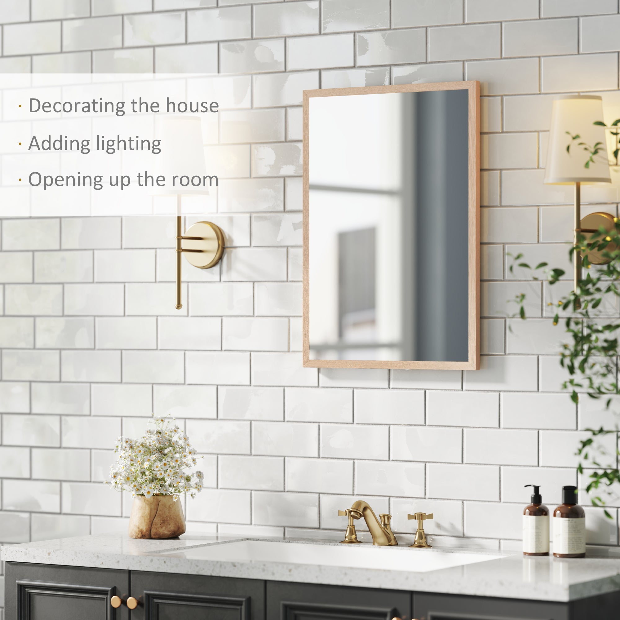 Rectangle shape HOMCOM medicine cabinet with natural wood frame and clear glass door for living room and bathroom wall use